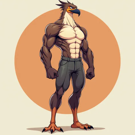 Full body pose, male, bird-human like body with the head of a bird, muscular, in digital art cartoon anime style, flat colors only.