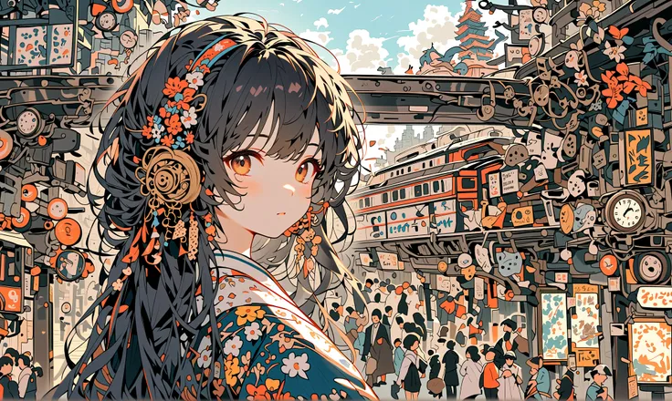 (very crowdy station:1.6),(Overcrowded crowds),(people wearing kimono for New Years Celebration),solo,1girl(cute, kawaii,small ,black hair with blue dip-dye hair,pony tail hair,long hair,brown eyes,big eyes,sitting on a bench,waiting for train,head phone,J...