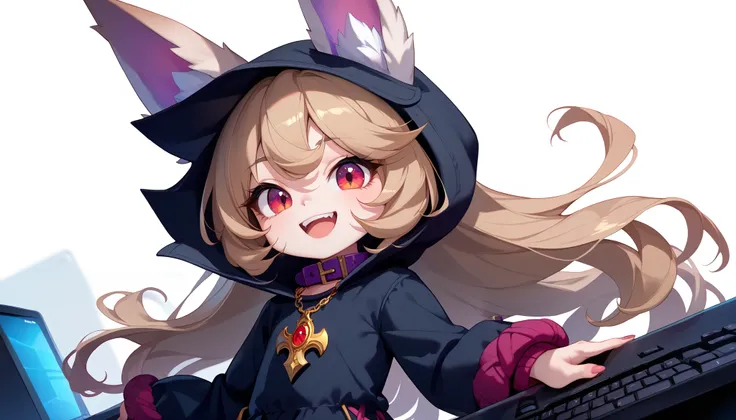 (masterpiece:1.3), (best quality:1.3), (very detailed), (anime style:0.1), game cg, anime coloring,((simple white background)),VexLoLXL,big eyes,yordle,shortstack,red eyes,((light brown hair,bangs,long hair)),shiny_skin,white_skin,white skin,black hood,hoo...