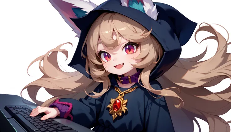 (masterpiece:1.3), (best quality:1.3), (very detailed), (anime style:0.1), game cg, anime coloring,((simple white background)),VexLoLXL,big eyes,yordle,shortstack,red eyes,((light brown hair,bangs,long hair)),shiny_skin,white_skin,white skin,black hood,hoo...