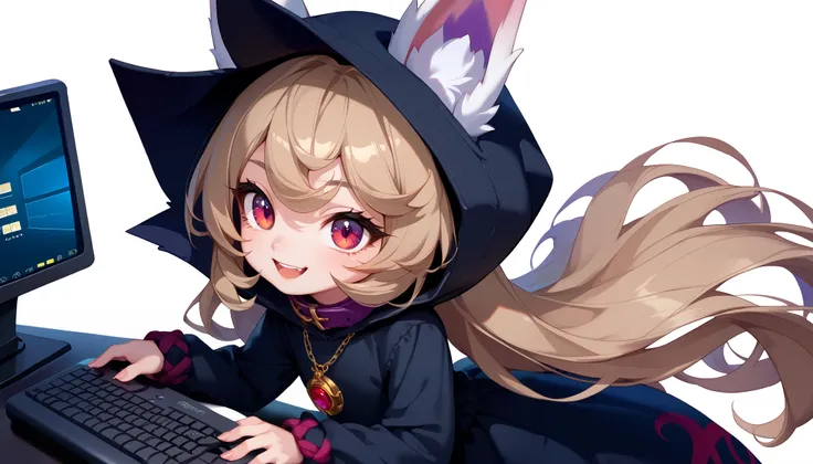 (masterpiece:1.3), (best quality:1.3), (very detailed), (anime style:0.1), game cg, anime coloring,((simple white background)),VexLoLXL,big eyes,yordle,shortstack,red eyes,((light brown hair,bangs,long hair)),shiny_skin,white_skin,white skin,black hood,hoo...