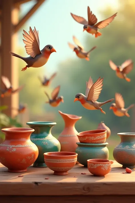 Generate an image of sparrows flying around pots and bowls., 3d cartoon pictures ,storybook illustration, digital art, professional, high quality, detailed.