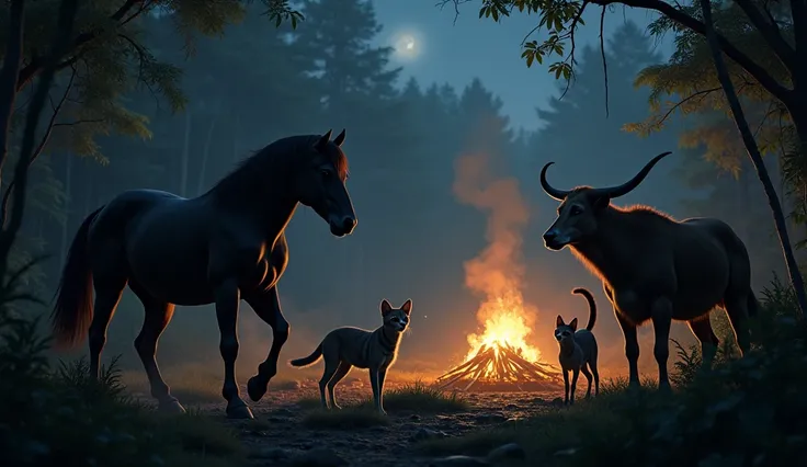 "Outside the cave, night envelops the damp, dense prehistoric jungles. Wild animals have gathered in the gloom, watching from afar the glow produced by a bonfire glowing in the distance. At the edge of the clearing, a powerful wild horse, with black fur an...