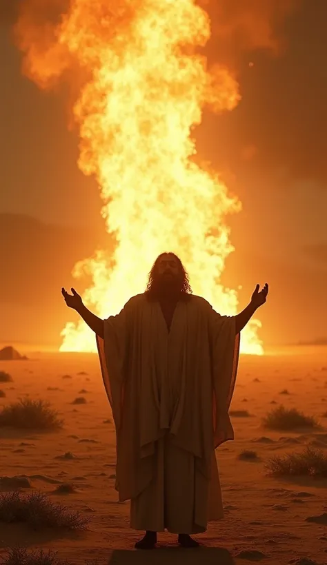  Cinematic images about the biblical story of the Exodus with the following information: Moses standing before a big burning tree,  in a desert landscape illuminated by a heavenly flame, with her surprised face and hands raised in reverence 