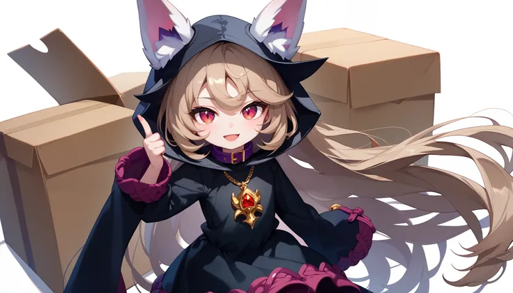 (masterpiece:1.3), (best quality:1.3), (very detailed), (anime style:0.1), game cg, anime coloring,((simple white background)),VexLoLXL,big eyes,yordle,shortstack,red eyes,((light brown hair,bangs,long hair)),shiny_skin,white_skin,white skin,black hood,hoo...