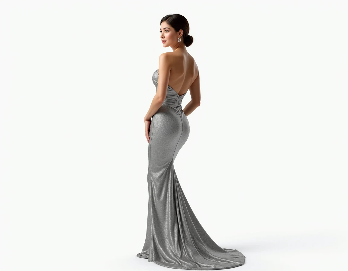 a slim full bodied woman in a silver dress on a white background