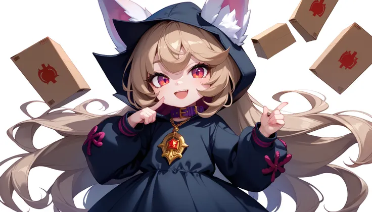 (masterpiece:1.3), (best quality:1.3), (very detailed), (anime style:0.1), game cg, anime coloring,((simple white background)),VexLoLXL,big eyes,yordle,shortstack,red eyes,((light brown hair,bangs,long hair)),shiny_skin,white_skin,white skin,black hood,hoo...
