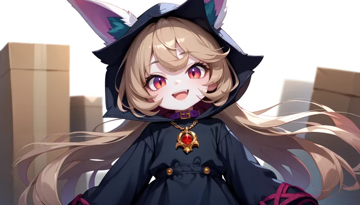 (masterpiece:1.3), (best quality:1.3), (very detailed), (anime style:0.1), game cg, anime coloring,((simple white background)),VexLoLXL,big eyes,yordle,shortstack,red eyes,((light brown hair,bangs,long hair)),shiny_skin,white_skin,white skin,black hood,hoo...