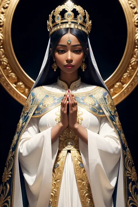 A stunning depiction of a serene woman resembling a saint or spiritual figure, with dark skin and delicate features, expressive eyes in a prayerful pose. She wears a richly adorned crown with intricate gold details and blue gemstones, symbolizing divinity ...