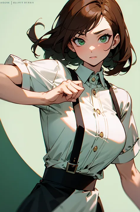  make an adult female character, Hair brown hair ,  with green eyes , wearing a waiters outfit , in anime 