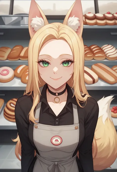  Create an image of an anime girl, 19 years old, fox ears, fox tail , long hair, green eyes, very dark big circles under eyes, dark circles under eyes, blonde hair,  black trousers, choker, wearing an black polo shirt, grey apron with lettering text "ЦЕХ85...