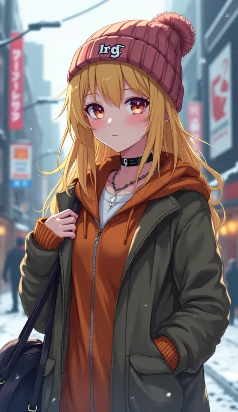 Kitagawa Marin, 1girl, blonde hair, long hair, multicolored hair, beautiful eyes, jewelry, necklace, choker, perfect breasts, wearing a beanie RG, wearing orange jacket RG, wearing a duffle coat, carrying a bag, wearing a watch, wearing earrings, in public...