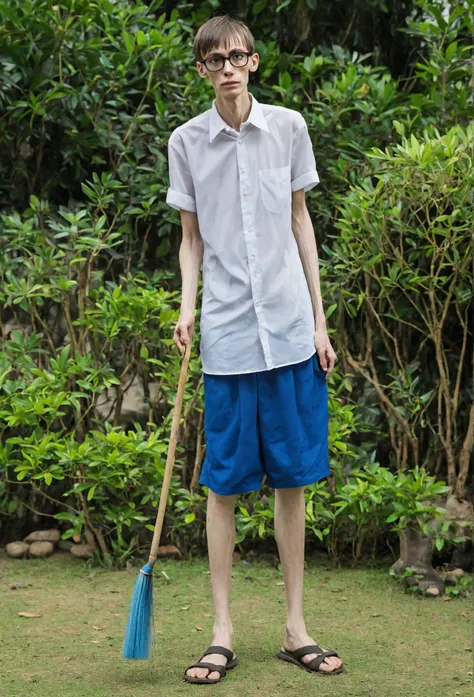 ((Side pose)) Extremely thin and ugly, emaciated and starving young man, weighing only 30 kg, 1.6 m tall. He has very thin arms, is badly injured, wears a school uniform, blue shorts, black spectacles and a white shirt and his legs are very thin. The man i...