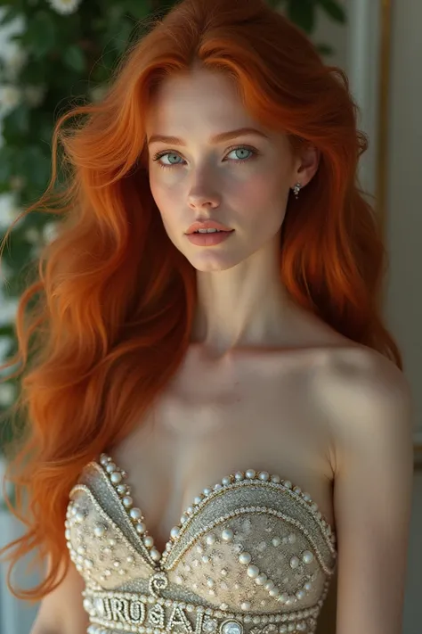  Create a very beautiful woman,   redhead with very long and wavy hair ,  type look with white skin and light blue eyes , with a foxy eyes ,  wearing a beautiful dress encrusted with diamonds and pearls with a band that says " uruguay" 