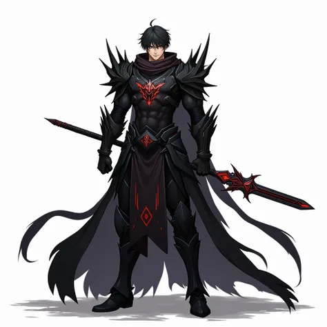 Anime-style dark hunter, tall and athletic build, short dark hair, black intricately designed armor with glowing symbols, wields a sword with a glowing blade, stern and determined expression, scar across face, White background