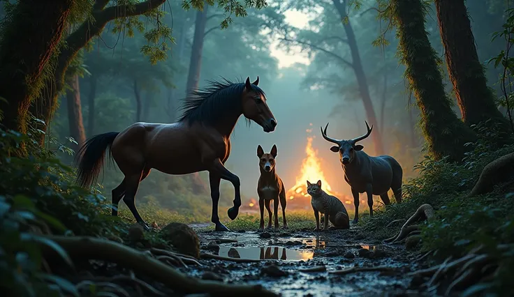 In a damp, lush prehistoric jungle, under the dim light of the moon, wild animals gather in the undergrowth to watch from afar the warm glow of a distant campfire. A wild horse, defined in muscle and dark fur with a windblown mane, is kicking against the m...