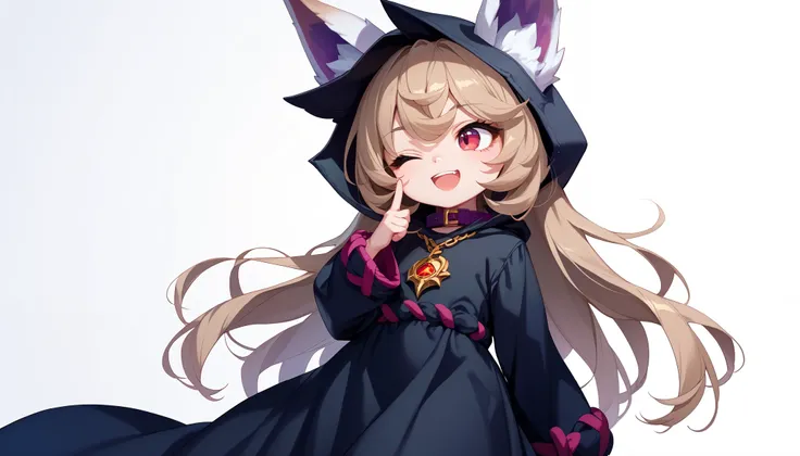 (masterpiece:1.3), (best quality:1.3), (very detailed), (anime style:0.1), game cg, anime coloring,((simple white background)),VexLoLXL,big eyes,yordle,shortstack,red eyes,((light brown hair,bangs,long hair)),shiny_skin,white_skin,white skin,black hood,hoo...