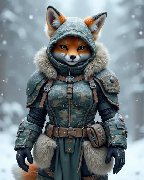 Furry fox with big breasts ,  in military winter armor also wearing a closed helmet( winter camouflage armor), the hood is worn and the helmet hides the entire face 