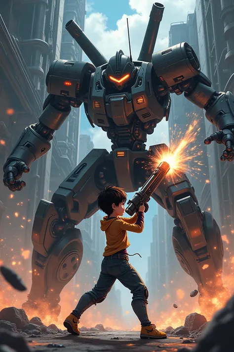 An anime scene of a semi-automatic boy killing a robot with a cannon in his hand