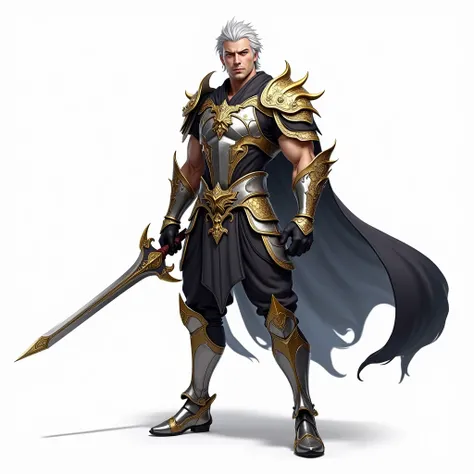   Yin is an impressive looking warrior with a design inspired by oriental culture.   He has short, silver hair .   His gaze is serious and decisive  ,   with piercing eyes and a slight silver sheen on them  .   He wears a stylized armor in shades of silver...