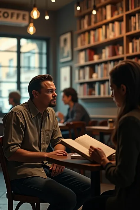 Show leonardo di caprio sitting in a coffee shop looking at a woman sitting on an another table reading her book