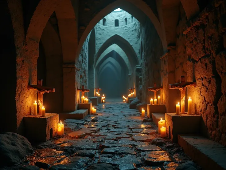 An image of a dark and damp dungeon ,  where the only light comes from faint candles There are many demonic and religious symbols, like crucifixes .  The entire image has a warm and dark tone, many areas cannot be seen due to darkness .