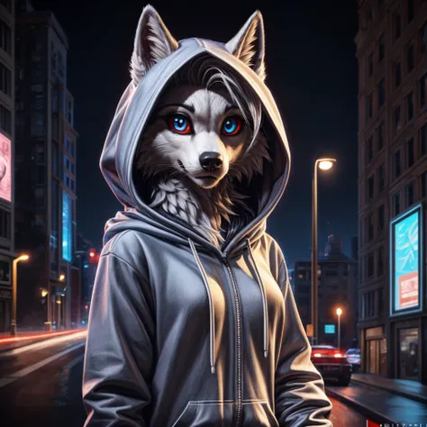 Furry art, breathtaking furry art, realistic furry, anthro white wolf, female wolf, black makeup, blue eyes with red sclera, silver hairs, black ears, sensual, loona, claws,(pixelsketcher pikaflufftulf hioshiru artstyle),full body, slender, 75mm canon shot...