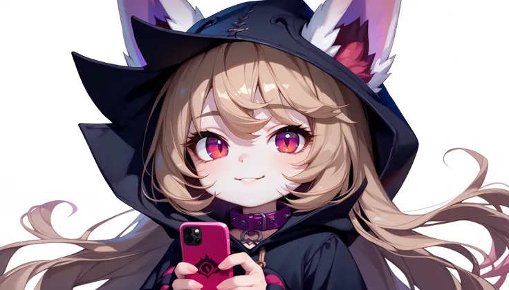 (masterpiece:1.3), (best quality:1.3), (very detailed), (anime style:0.1), game cg, anime coloring,((simple white background)),VexLoLXL,big eyes,yordle,shortstack,red eyes,((light brown hair,bangs,long hair)),shiny_skin,white_skin,white skin,black hood,hoo...