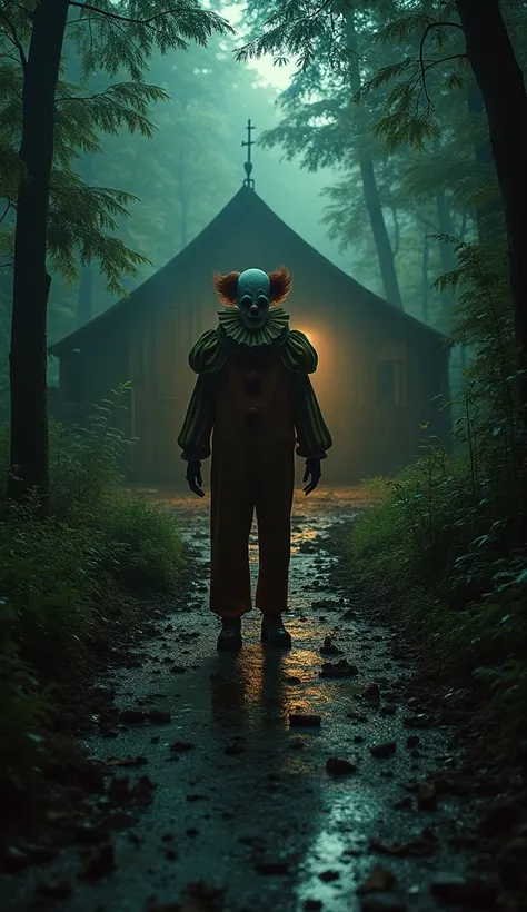  An evil clown is in the middle of an abandoned circus ,  surrounded by sinister elements that create an atmosphere of terror .  The floor is dirty ,  wet and covered by tall forest ,  with parts of the vegetation invading the space ,  reflecting the aband...