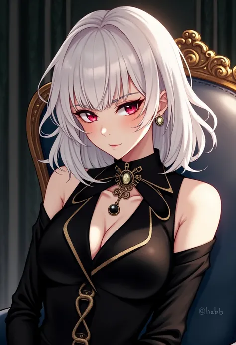  Shoulder-length wavy white-haired woman .  Blood red iris .Chic casual wear . Bad expression . Italian Mafia. Full length sitting with her legs crossed .  An elegant armchair with gold details in an office. 