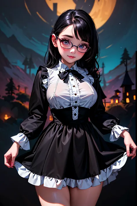 ((Super detailed,ultra high resolution,detailed background)),ancient city,dark forest at night,spooky,Chill,Inspiration,1 girl,litle lolita,wearing a minidress、Wearing a white collared long-sleeved blouse、neckline,big breast