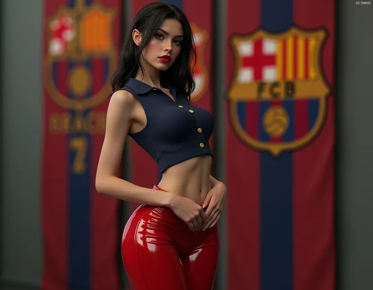 In the background there is a sensually modeled Barcelona banner . Wear a polo shirt with a chino collar with latex pants matches the colors of Barcelona.  themed clothing for the local Barcelona soccer team . hyper realistic, super model , thin eyes nose m...