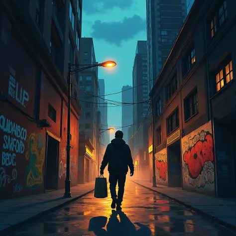 Create a cover art with an urban and emotional atmosphere that conveys struggle and resilience. Depict a person walking through a dark street illuminated by dim streetlights, holding an empty shopping bag in one hand, reflecting economic hardship. Add arti...