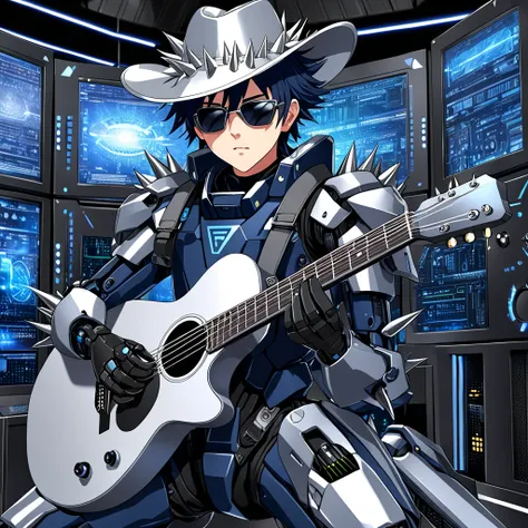 A cool full color close-up of a 16-year old male rock musician with blue eyes and short spiky dark blue hair wearing a black, blue, gray robotic mech suit with a belt, boots, gloves, sunglasses, gadgets, and a silver cowboy hat playing a silver acoustic gu...