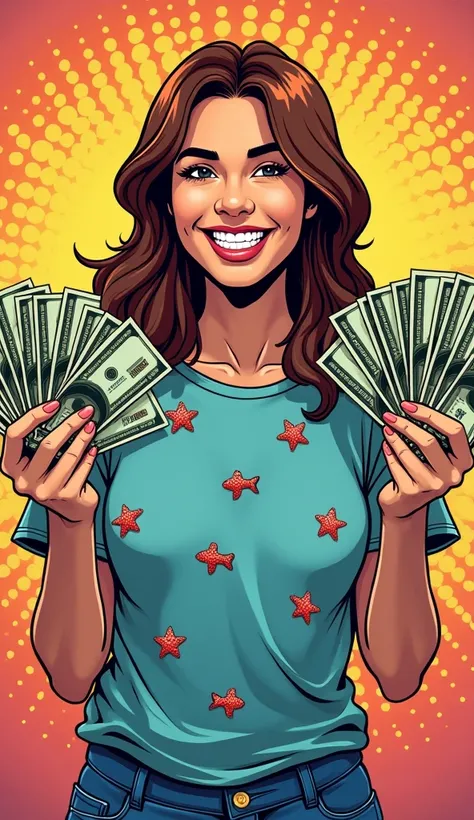 DISCREET image. with discreet casual clothes. image adult woman, american, comic book style. happy with lots of money in hands. with an aquarium t-shirt. IMAGES WITH VIBRANT COLORS.