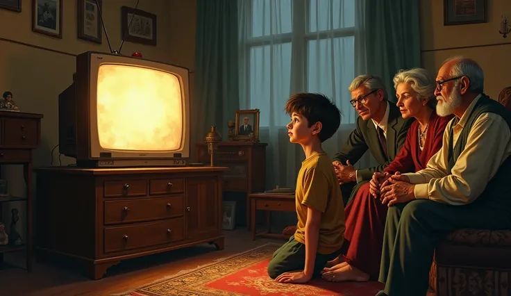 a boy is watching a vintage television with his parents. The news about a war is showing on the television. In the same room, his grand parents are sat with a radio. 