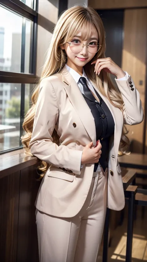 ( RAW photo,Realistic, Photographically: 1.4,   Masterpiece ,   best quality ), 8k, 1.  beautiful Japanese woman , Alone, 18 years old,  cute smile with blush,  Big Breasts ,  round eyes with beautiful details,   blonde hair,  Long Hair、Curly Hair, ( High ...