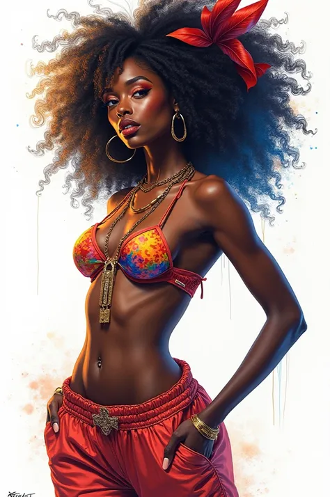 Create an ultra-detailed painting of a beautiful Black woman inspired by hip-hop culture and urban aesthetics, set against a pure white background. The character embodies a street queen vibe with affectionate and expressive energy. Incorporate avant-garde ...