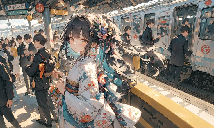 (very crowdy station:1.6),(Overcrowded crowds:1.3),people wearing kimono for (New Years Celebration:1.3),1girl(cute, kawaii,small ,black hair with blue dip-dye hair,pony tail hair,long hair,brown eyes,big eyes,waiting for train,head phone,JK,beautiful kimo...