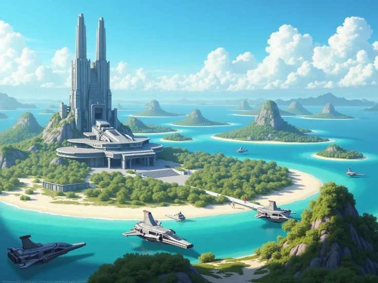 Planete paradisiaque, d’iles aux sables fins, de vaste lagons aux eaux turquoise, sur une iles principales une base militaire de style impériale, science fiction futuriste, des navette spatiale de transport militaire en stationnement devant son entrée 