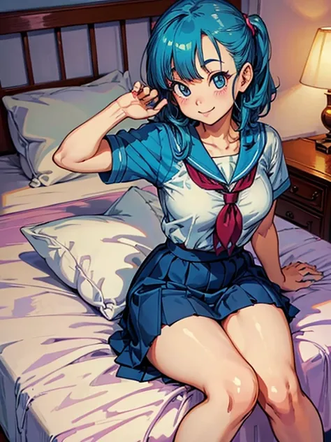 big ass,seductive smile,in the beds, school uniform , beautiful face,  detailed eyes, long,  medium breasts ,  thin waist ,  thin legs ,  perfect body , Bulma
