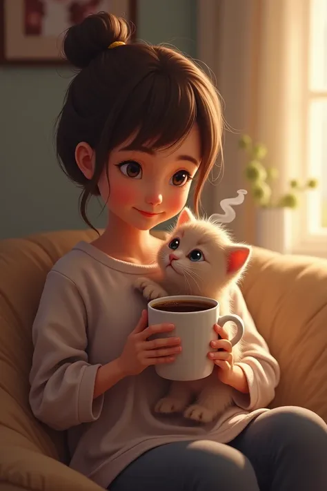 Raising a kitten drinking coffee