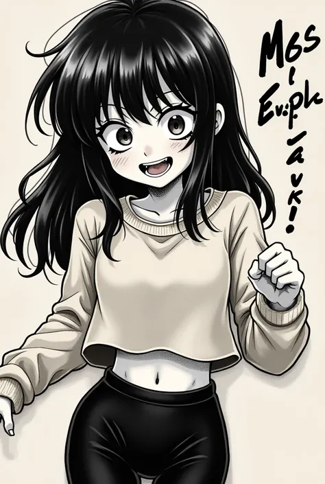 In the style of Junji Ito, Junji ito Manga type image, girl, Long sleeve crop top sweater, black leggings, afraid, medium length hair, long bangs, text in the corner says "Ms. Evasion" in fancy text, crazy eyes, crazed expression, open mouth, smile