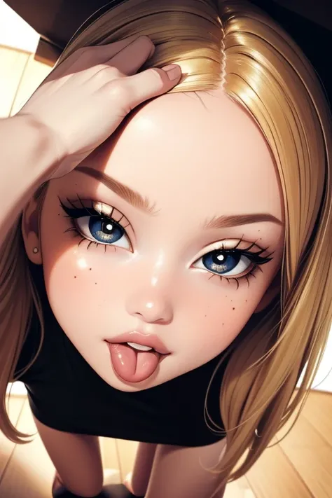 bratz, lips, SMALL breasts, beautiful, makeup, mascara, lip gloss, perfect eyes, long eyelashes, long blonde hair, edgGolden, 
dressed in BLACK golden MINI-DRESS, wearing edgGolden, masterpiece, best quality, wide-angle, 
Hyperdetailed, masterpiece, best q...