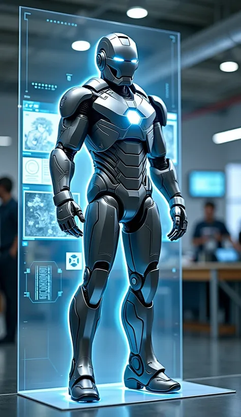 A high-tech prototype of a futuristic Iron Man-like suit displayed in a high-tech lab, with robotic arms assembling parts. The suit is sleek, metallic, and glowing with blue accents, surrounded by holographic screens showing schematics. Hyper realistic.