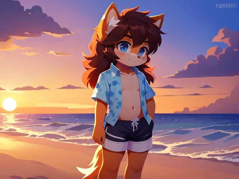 Boy For Fox Tails Cute Thick Hair Detailed Body Open Shirt Shorts Beach Sunset Background 