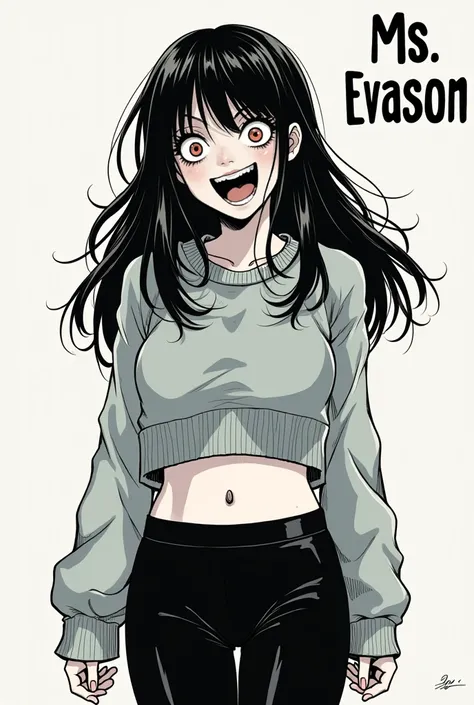 In the style of Junji Ito, Junji ito Manga type image, girl, Long sleeve crop top sweater, black leggings, afraid, medium length hair, long bangs, text in the corner says "Ms. Evasion" in fancy text, crazy eyes, crazed expression, open mouth, smile