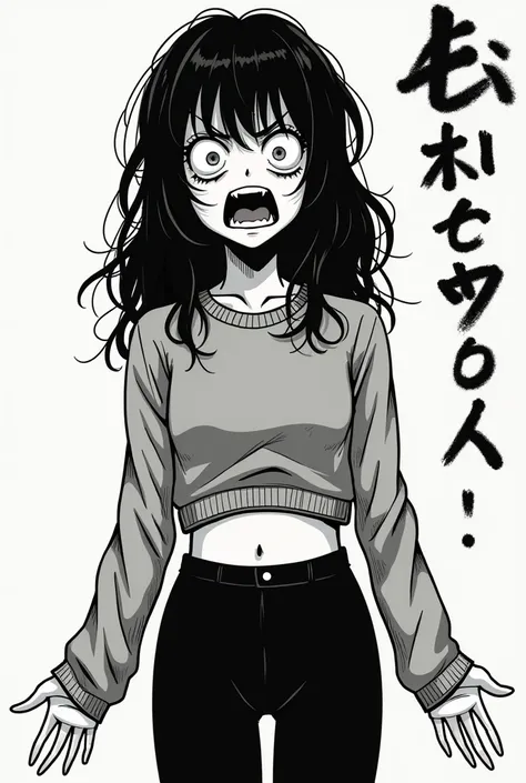 In the style of Junji Ito, Junji ito Manga type image, girl, Long sleeve crop top sweater, black leggings, afraid, medium length hair, long bangs, text in the corner says "Ms. Evasion" in fancy text, crazy eyes, crazed expression, open mouth