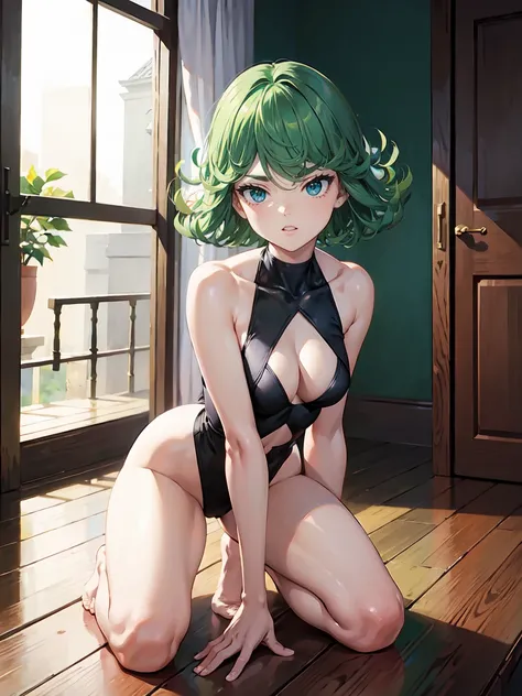 ANIME, NSFW ,(obra maestra), (masterpiece, best quality, high resolution), beautiful body, alluring, wallpaper, perfect lighting, Colorful,ultra highres, photography, 8K, HDR, detailed, tatsumaki, 1girl,full body,green hair,short hair, small breasts,  bent...