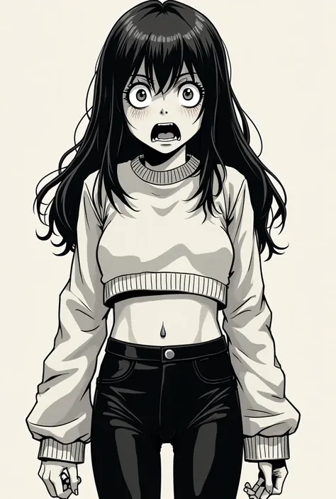 In the style of Junji Ito, Junji ito Manga type image, girl, Long sleeve crop top sweater, black leggings, afraid, medium length hair, long bangs, crazy eyes, crazed expression, open mouth